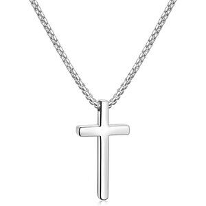 💫 Men Silver Cross Pendant Necklace Stainless Steel Box Chain 16-24Inch Jewelry